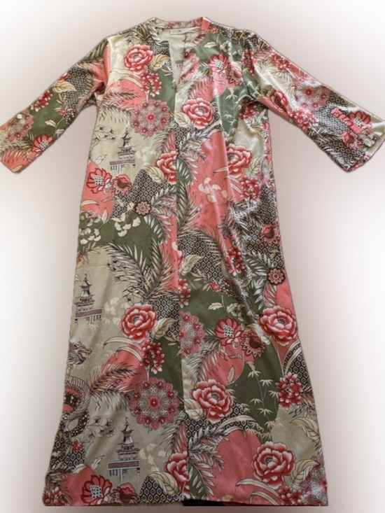 Natori Other - Vintage Natori Silky Maxi Gown Robe Coral & Olive Long Split Sleeve & Pockets